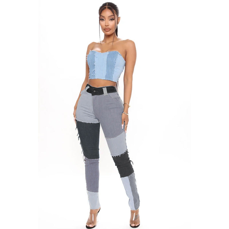Autumn new super elastic high waisted tassel pencil slim fit women's denim pants