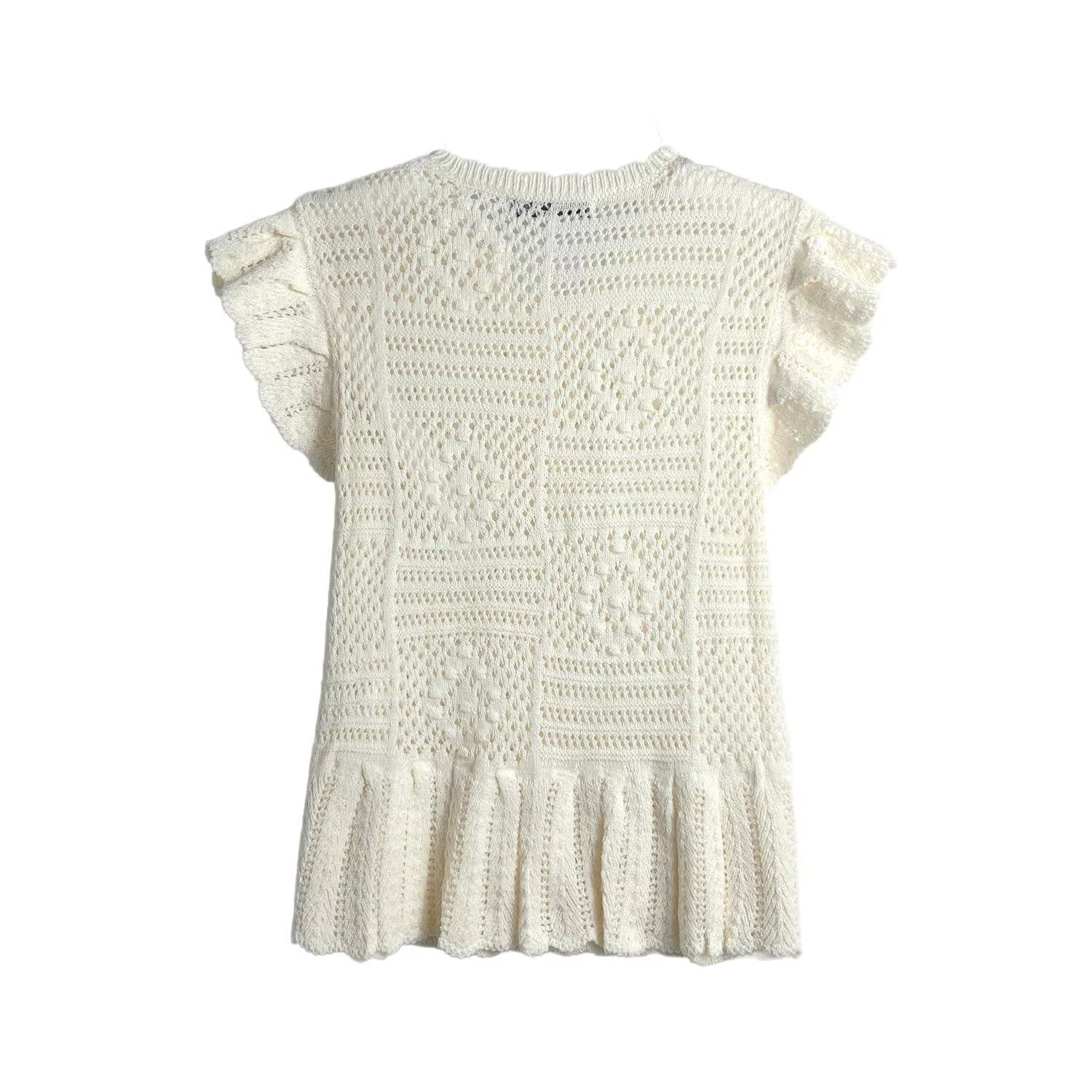 Jacquard mesh hollow flying sleeves knitted sweater jacket for women