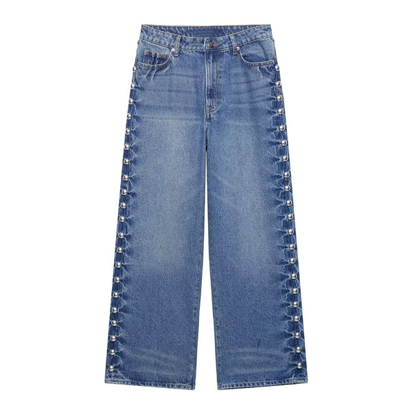 Rivet decoration straight leg denim pants for women