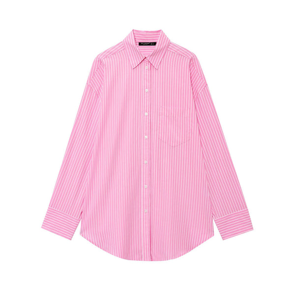 Striped collar long sleeved shirt top for women