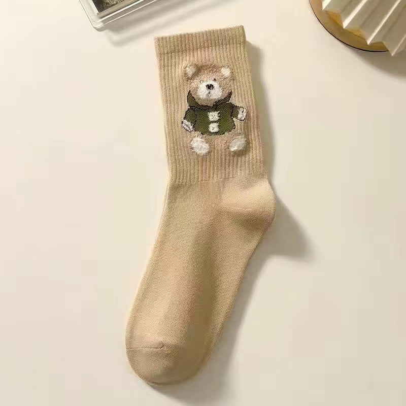 Little Bear Socks, Children's Middle Socks, Spring and Autumn Ins Trendy, Cute, Versatile, Fresh Japanese Coffee Color, Outerwear Long Socks, Autumn a