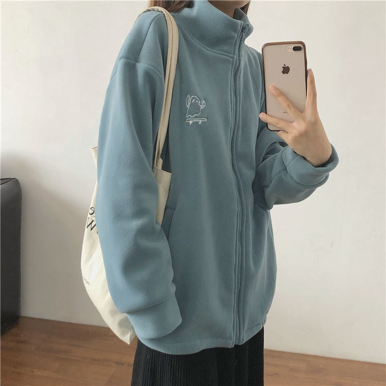 Double sided fleece jacket for women autumn and winter semi high neck zipper cardigan hoodie for women