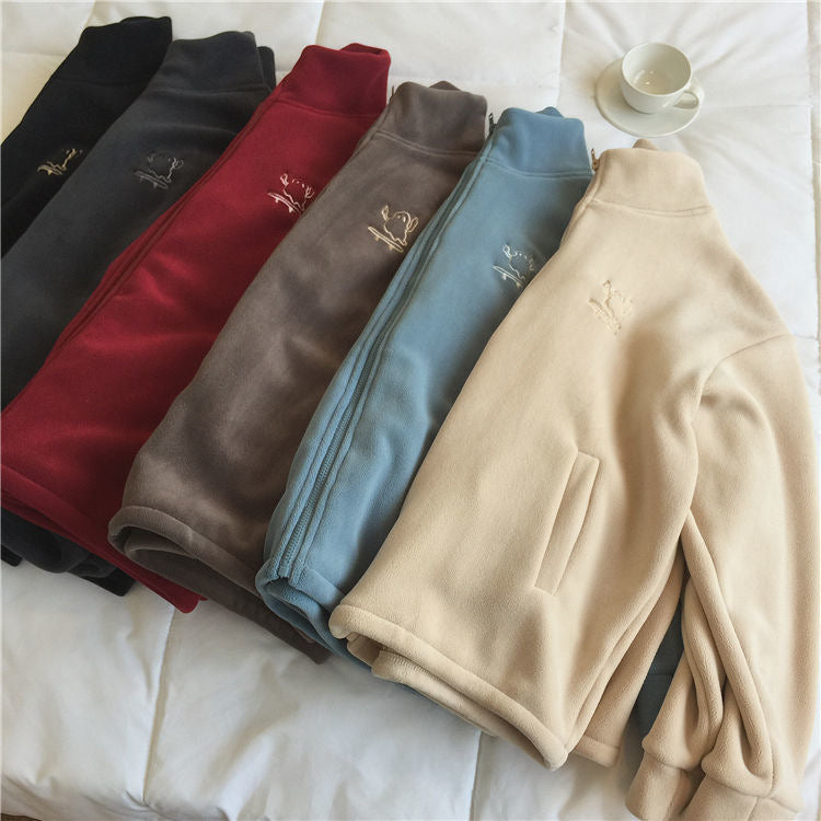Double sided fleece jacket for women autumn and winter semi high neck zipper cardigan hoodie for women
