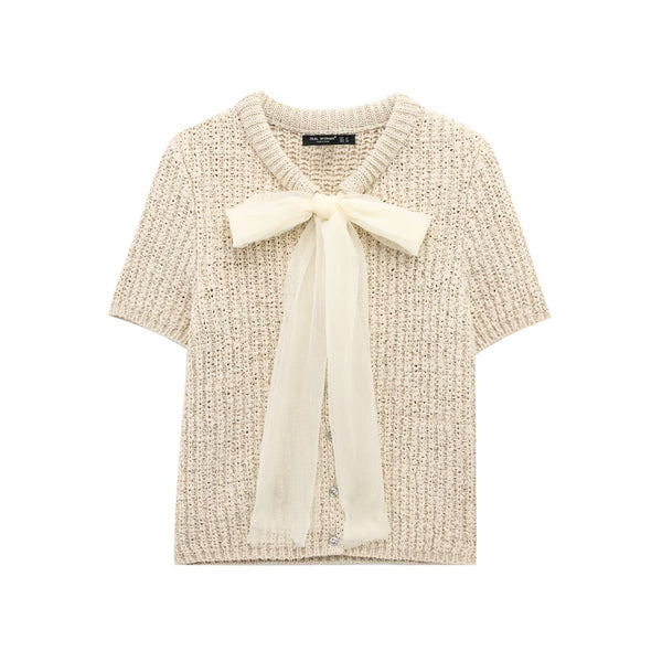 Fashionable transparent stiff yarn bow decoration knitted jacket