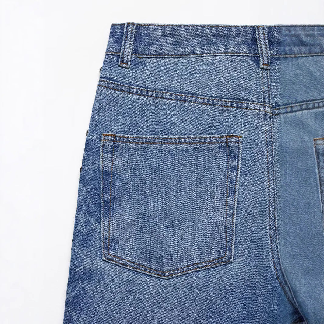 Side bead rivet decoration jeans for women