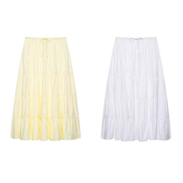Solid color waist tie with layered patchwork half length skirt