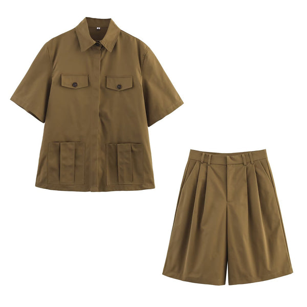 Fashion pocket decoration shirt+casual shorts set for women