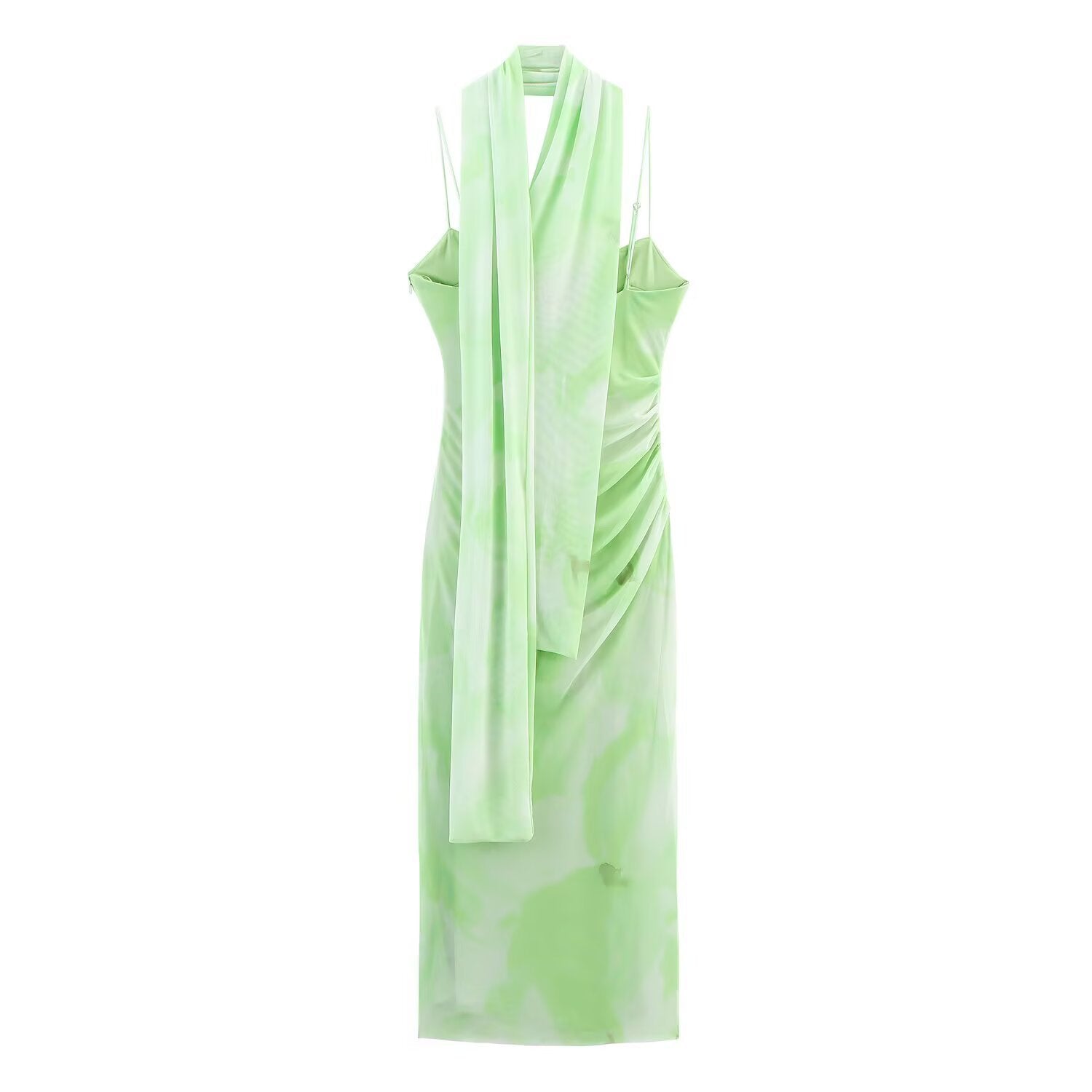 Silk mesh scarf with pleats waist cinching and neck hanging dress