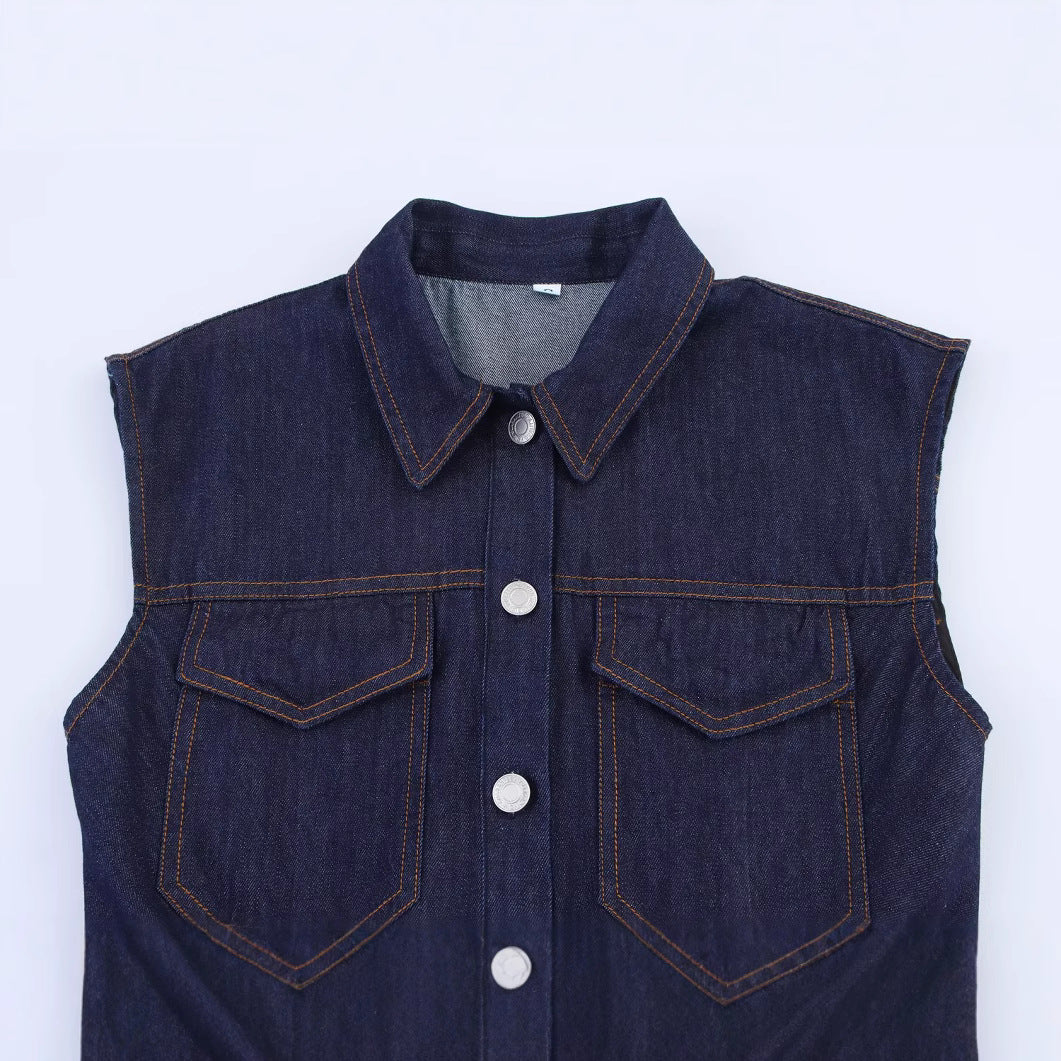 Fashionable single breasted lapel pleated Midi denim dress