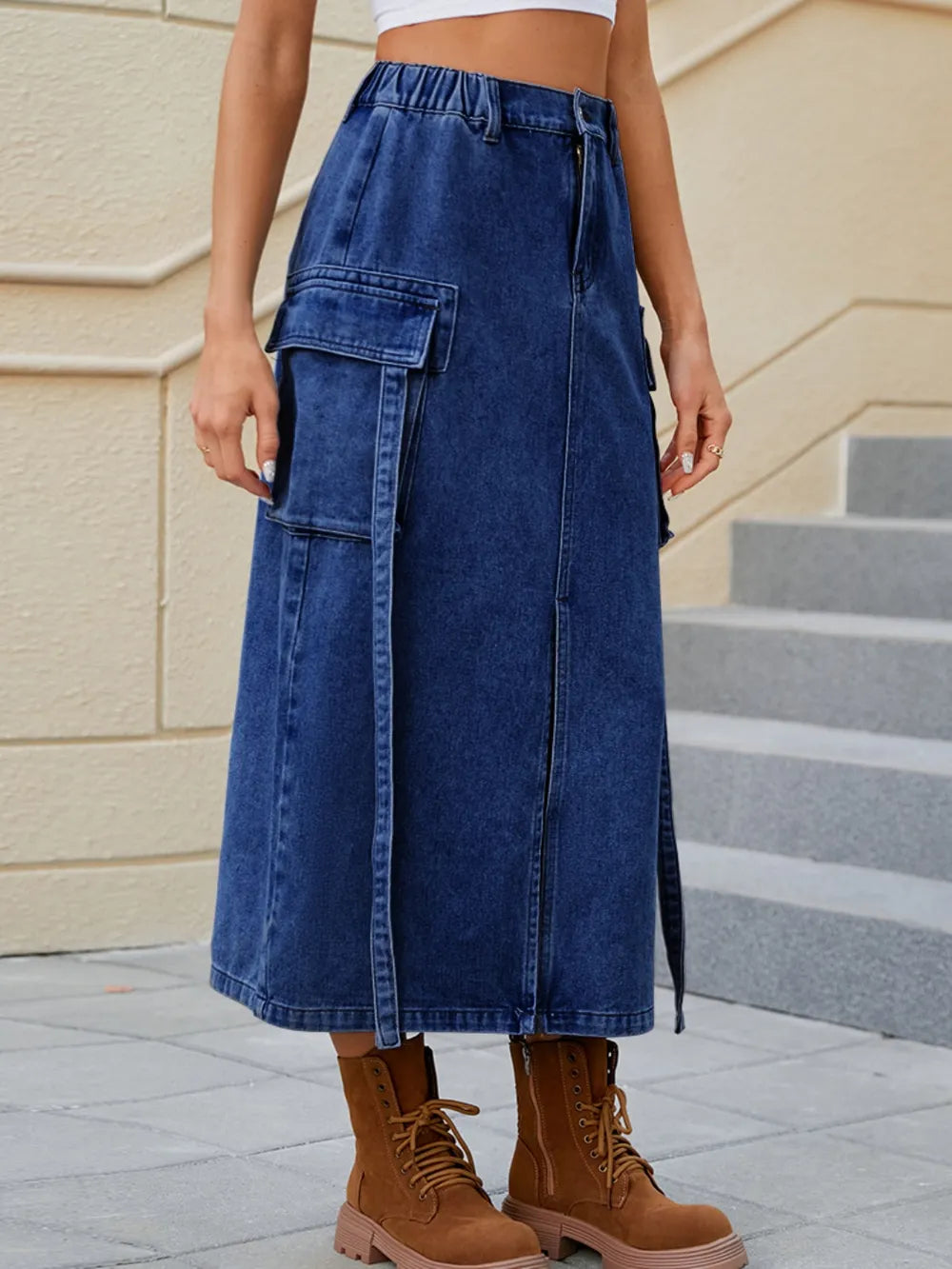 Water washed elastic waistband headband workwear half skirt trendy
