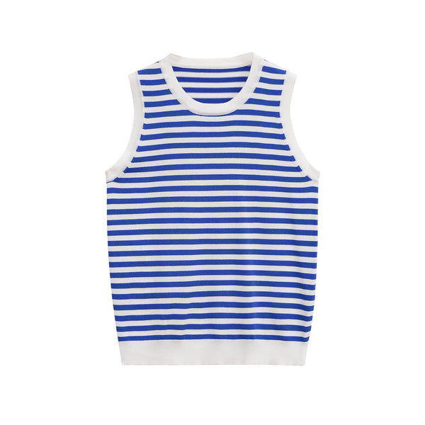 Striped contrasting round neck sleeveless knitted T-shirt top for women