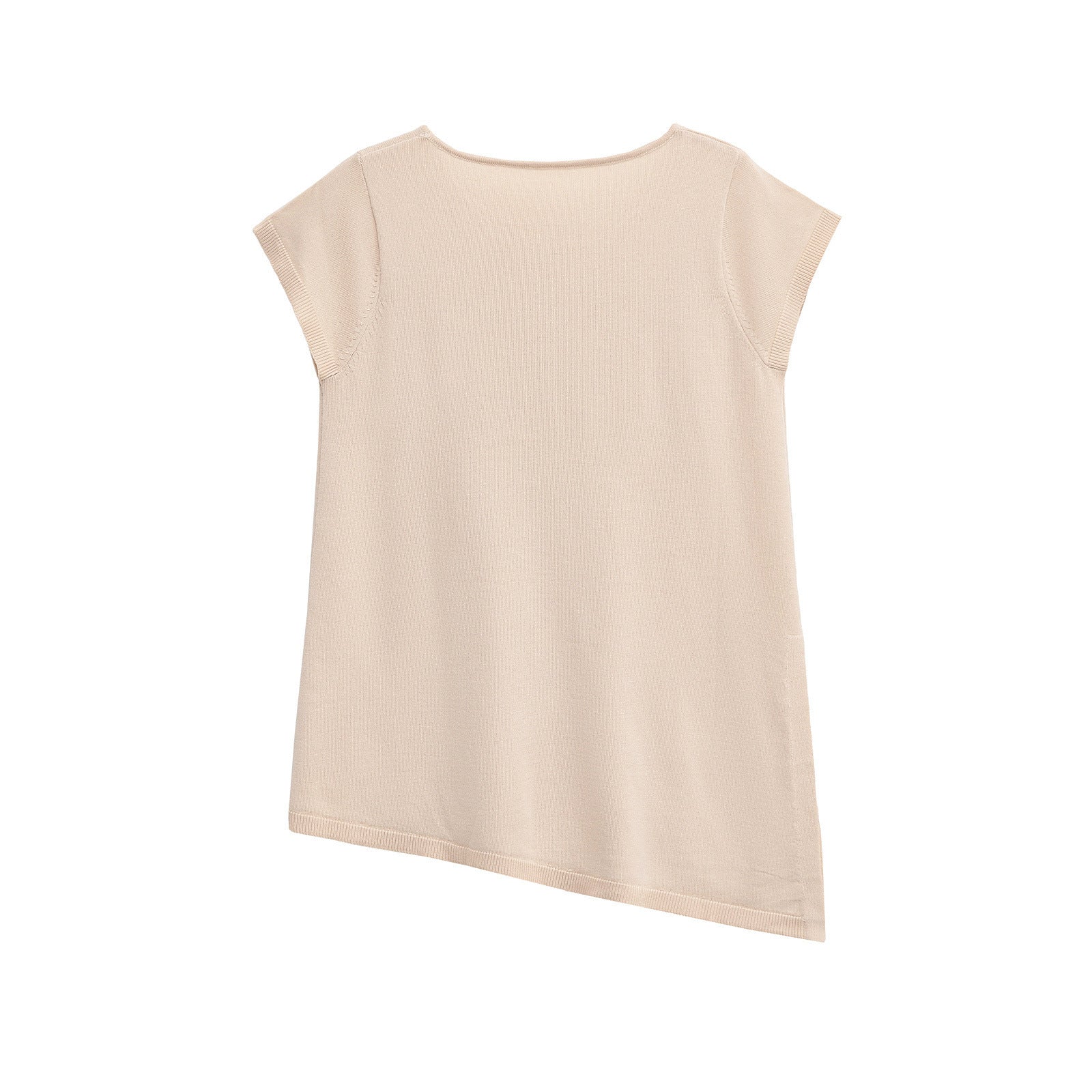 Round neck short sleeved asymmetrical hem knitted T-shirt top for women