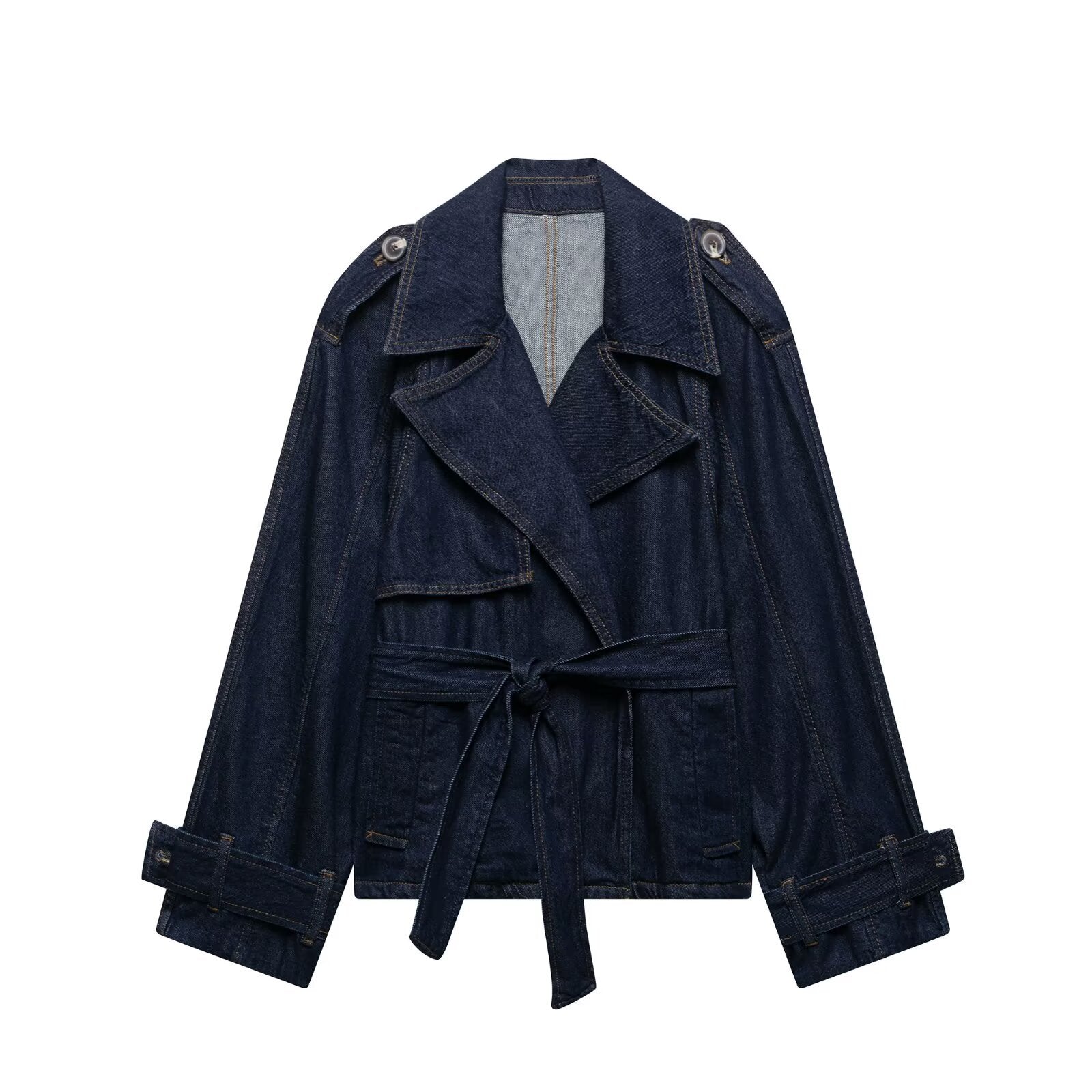 Collar long sleeved drawstring denim trench coat for women
