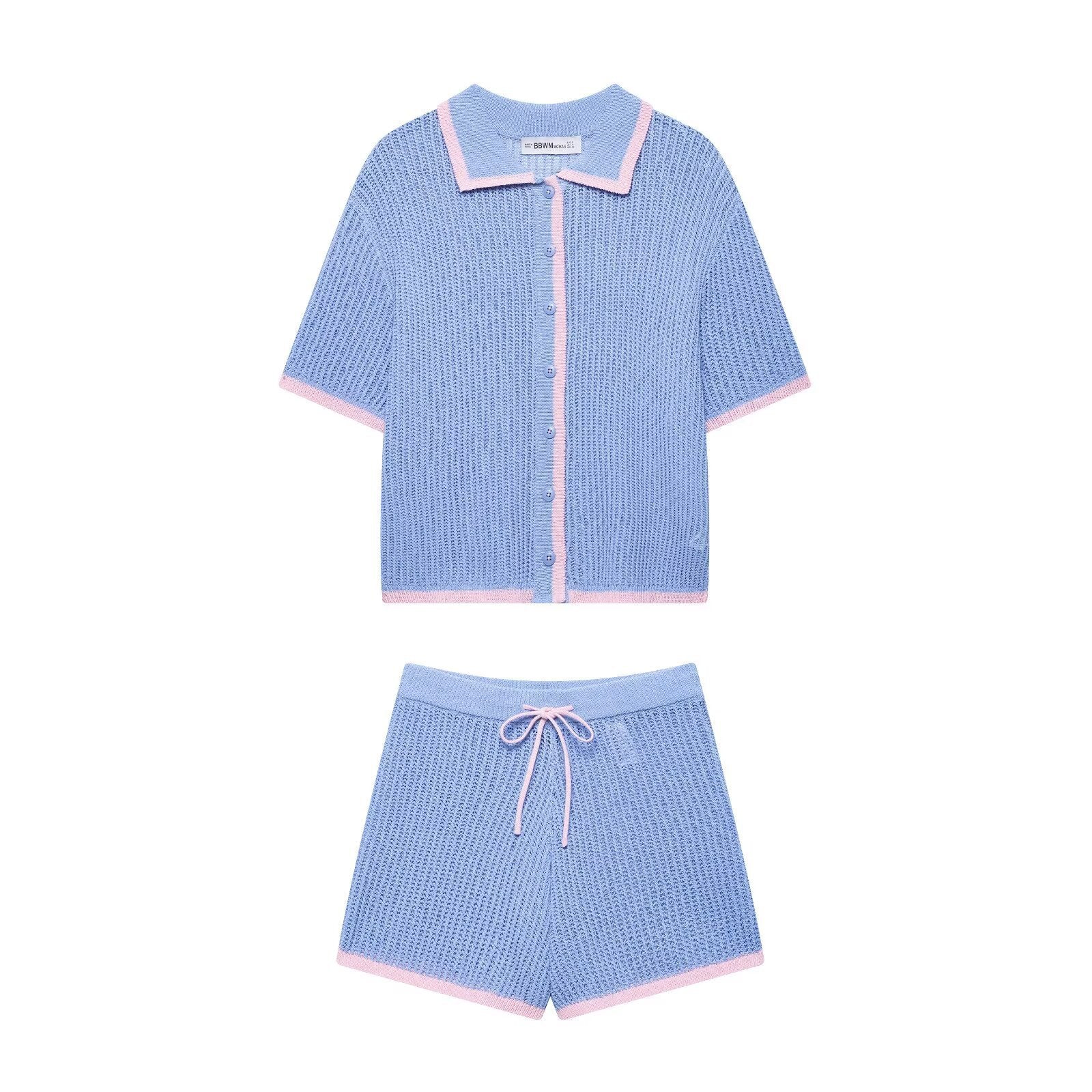 Color blocking knitted top+knitted shorts set for women