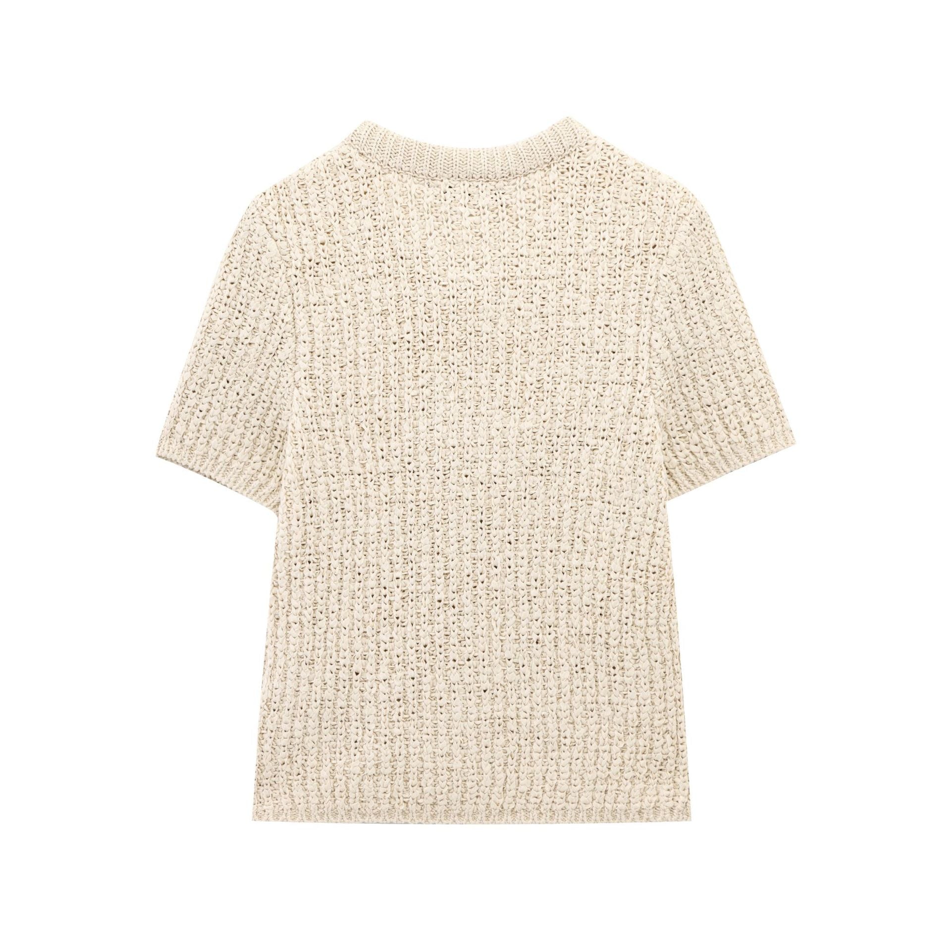Round neck short sleeved stiff yarn bow decoration knitted T-shirt top for women