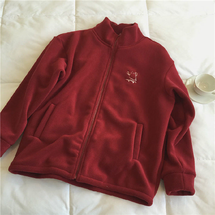 Double sided fleece jacket for women autumn and winter semi high neck zipper cardigan hoodie for women