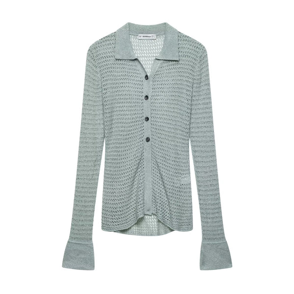Collar long sleeved single breasted hollow knit sweater top for women