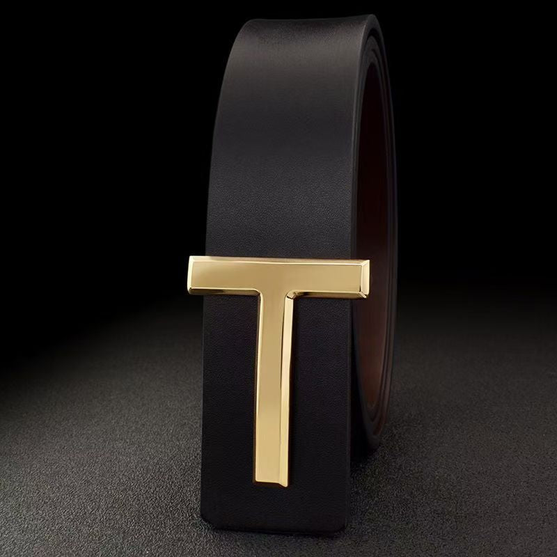 Leather belt, smooth buckle, fashionable and versatile T-buckle belt, men's 3.8CM men's belt