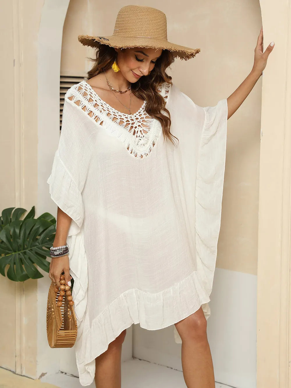 Women's hand hook patchwork ruffle edge beach skirt bikini outer cover shirt