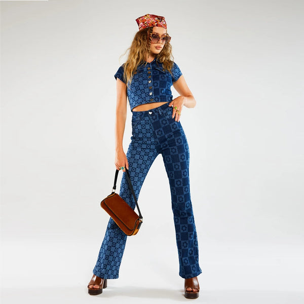 Spring new European and American fashion women's printed yin-yang two-color washed slim fit denim wide leg pants