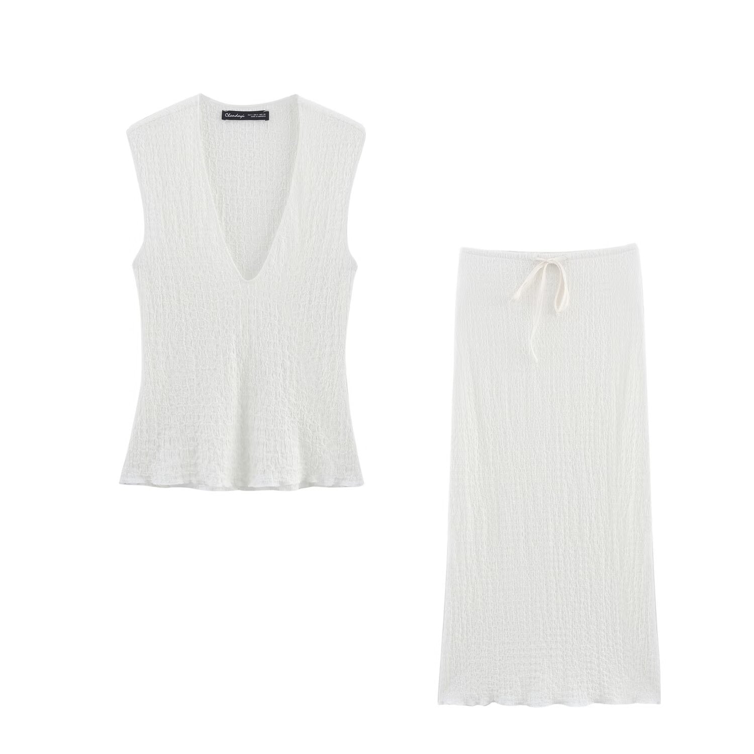 V-neck textured top+long skirt set for women