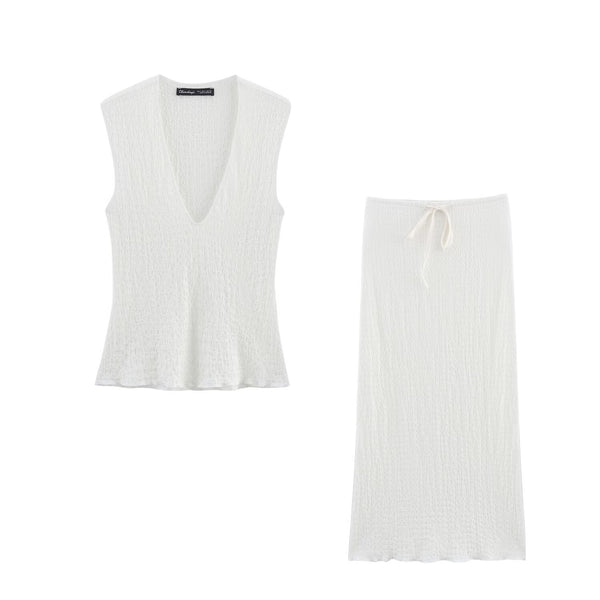 V-neck textured top+long skirt set for women